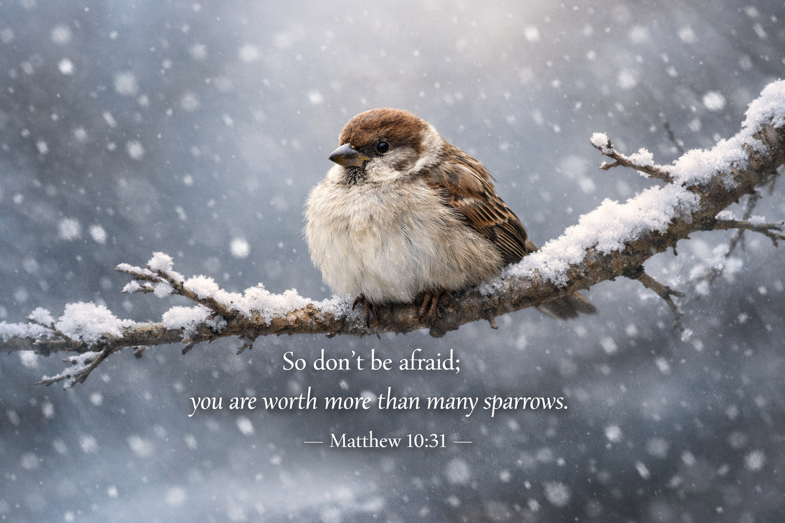 Matthew 10:31 Bible verse wallpaper single sparrow on snowy branch - you are worth more than many sparrows